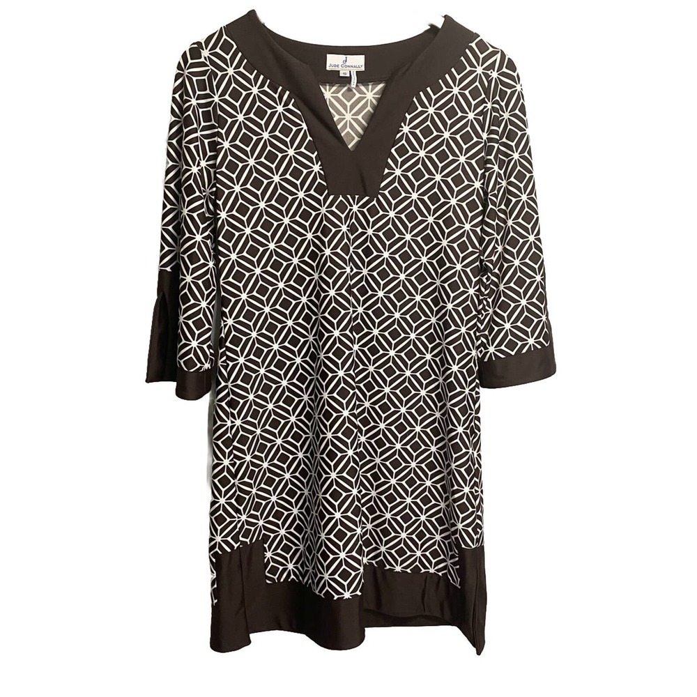 Jude Connally Women’s Geometric Print V-neck‎ Megan Dress Stretch Brown Small